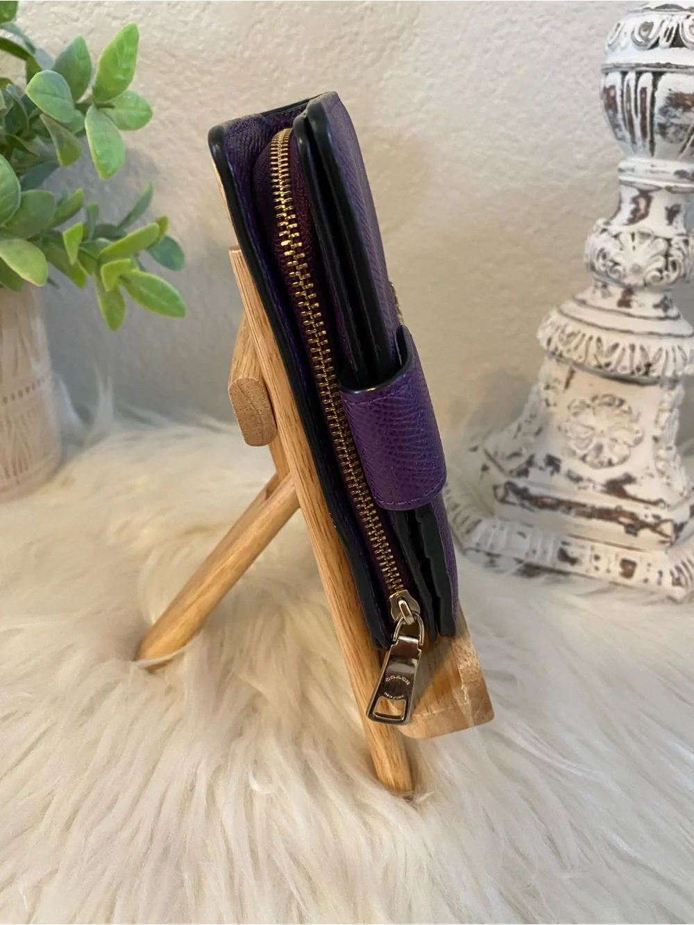 Coach Eggplant Purple Leather Snap-Closure Wallet with Gold Logo